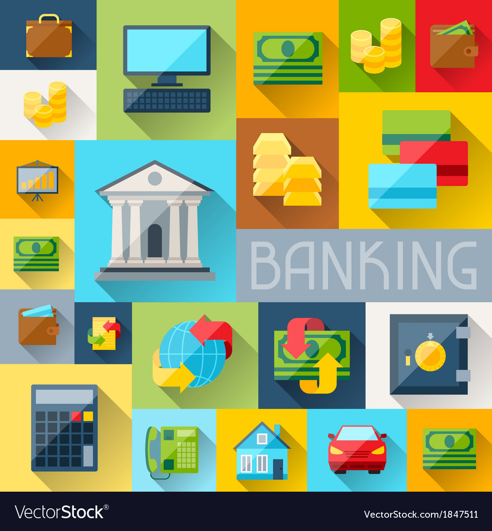 Background with banking icons in flat design style
