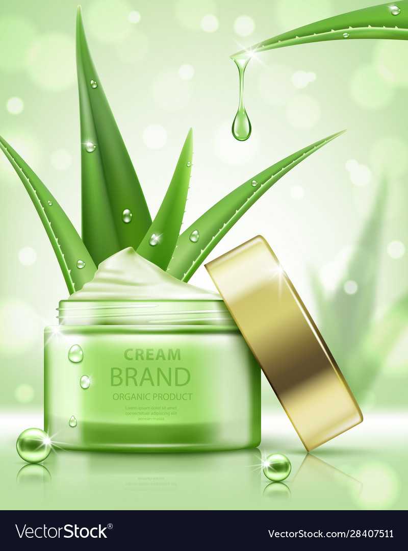 Cosmetic ads template cream jar with aloe vera Vector Image