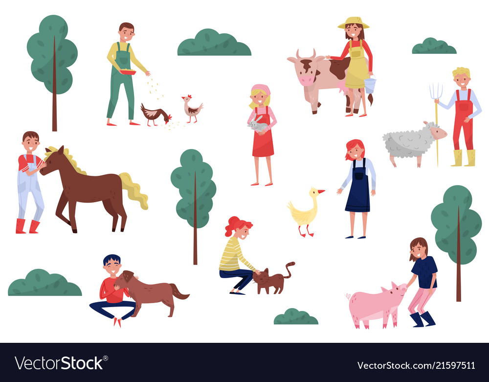 Farmers taking care animals on farm farming Vector Image