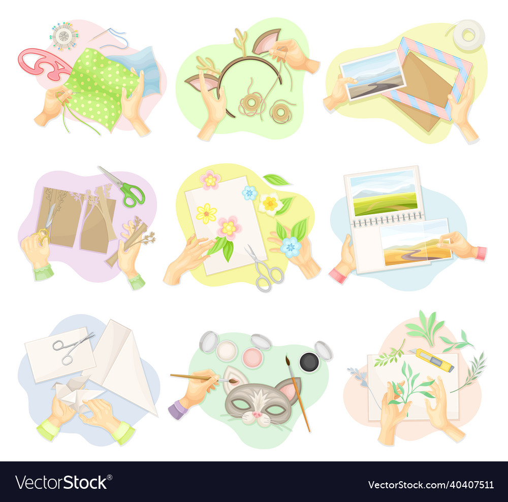 Top view of hands creating handmade crafts set vector image Top view of hands creating handmade crafts set