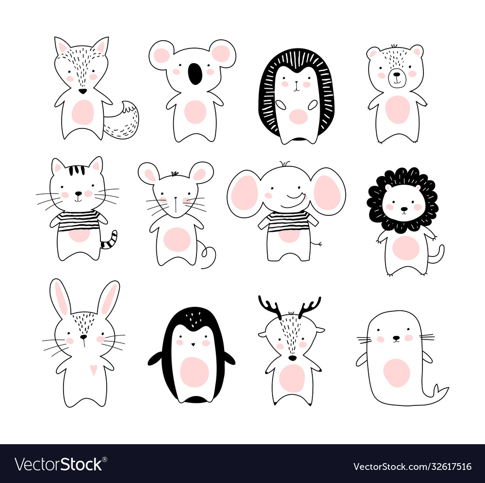 Doodle poster with cute animals a collection vector image Doodle poster with cute animals a collection