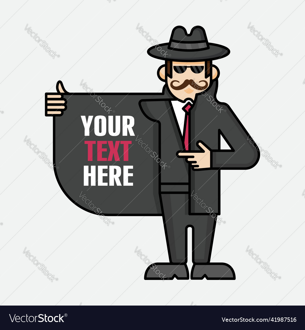 Funny spy character opens his coat and points his Vector Image Funny spy character opens his coat and points his Vector Image