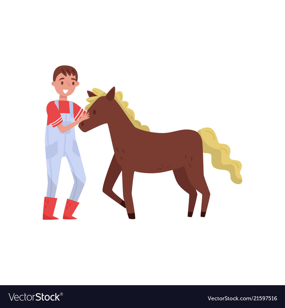 Young man standing next to brown horse male vector image Young man standing next to brown horse male