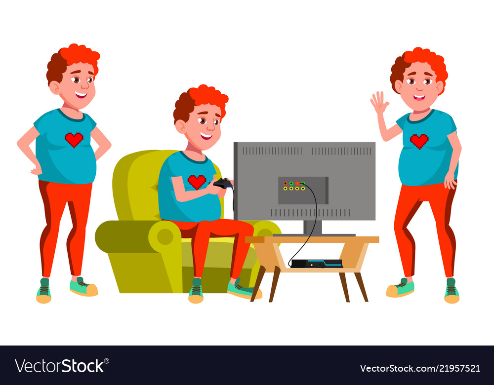 Teen boy poses set red head fat gamer