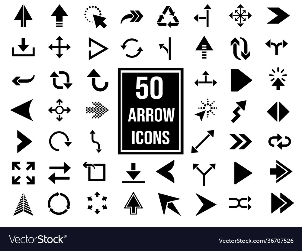 50 black arrow icon set on white background