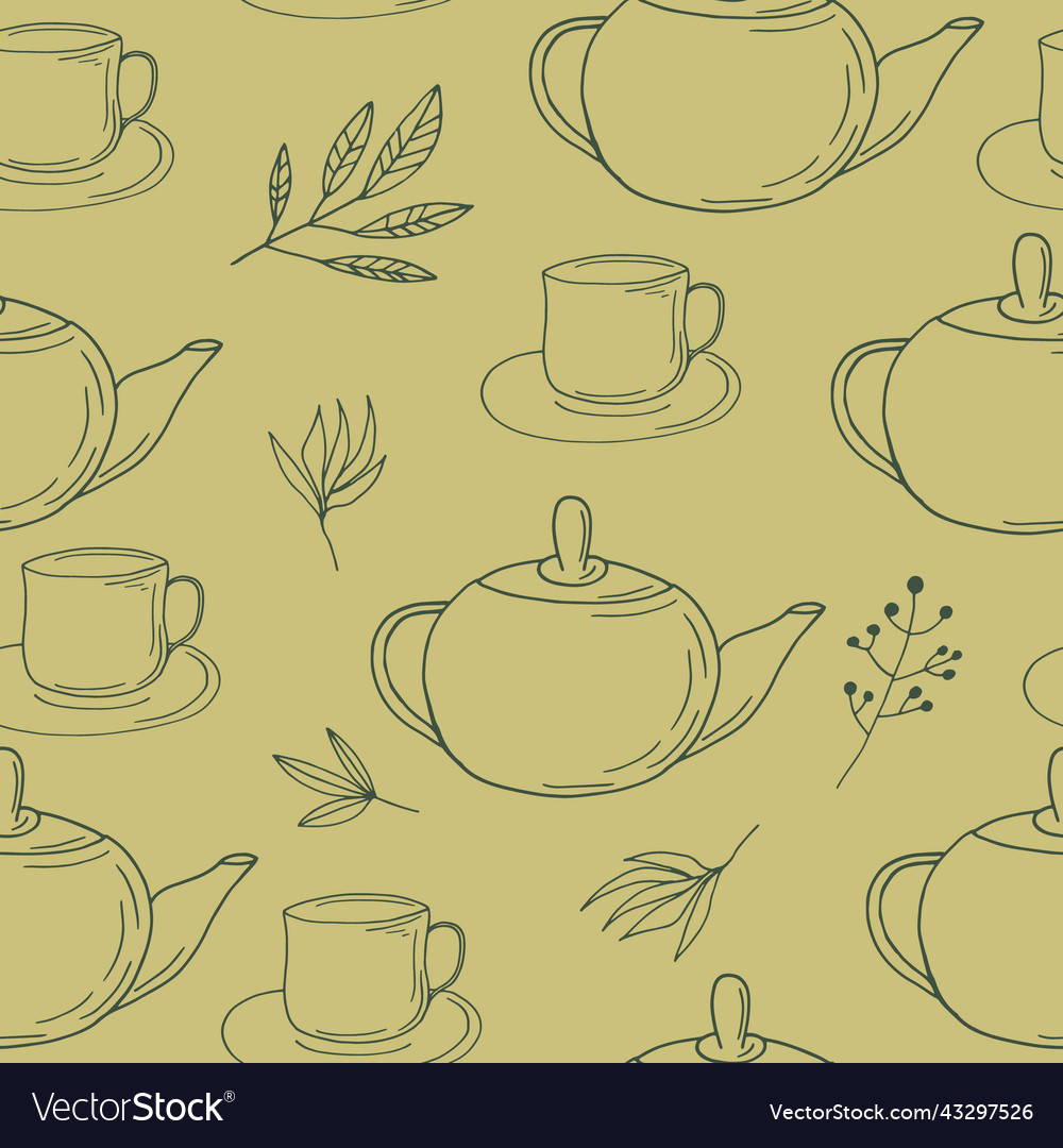 Cups teapot and leaves seamless pattern hand