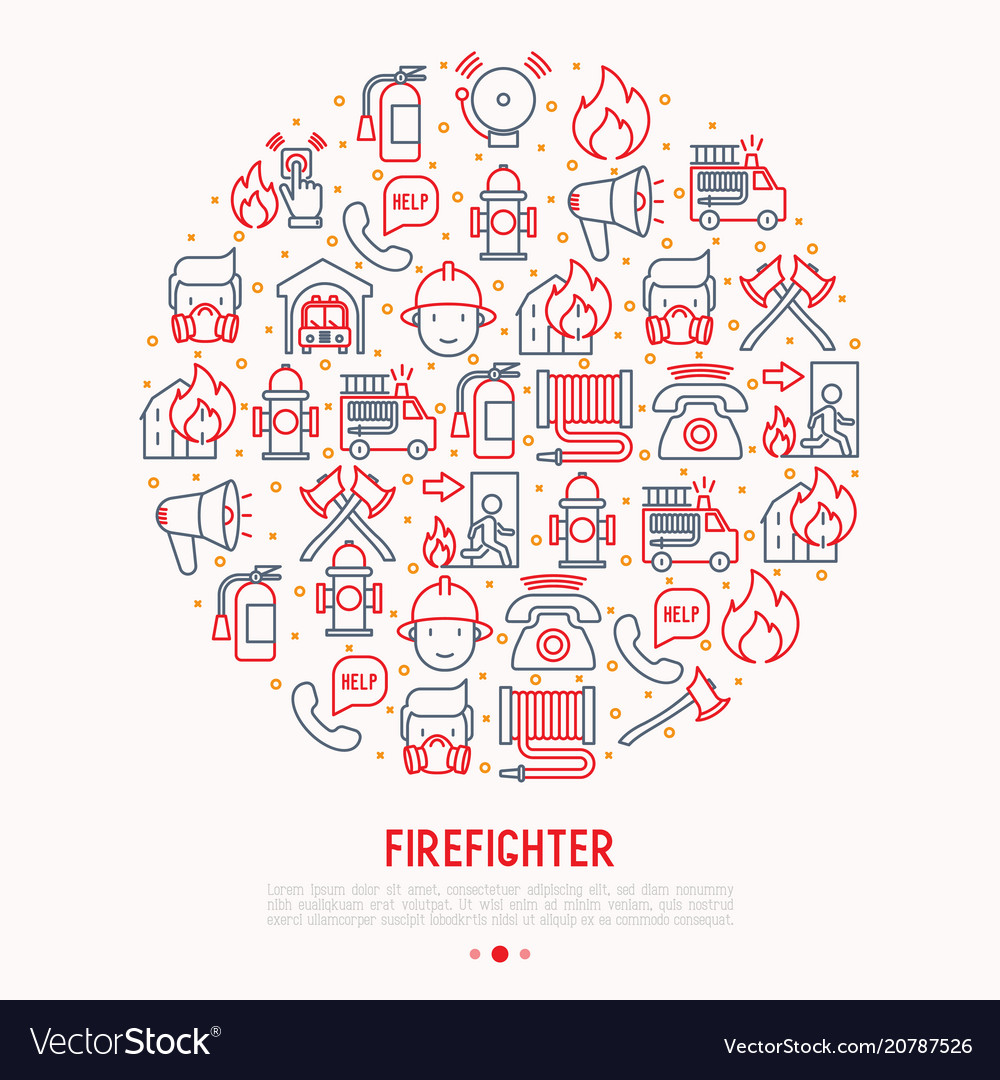 Firefighter concept in circle with thin line icons