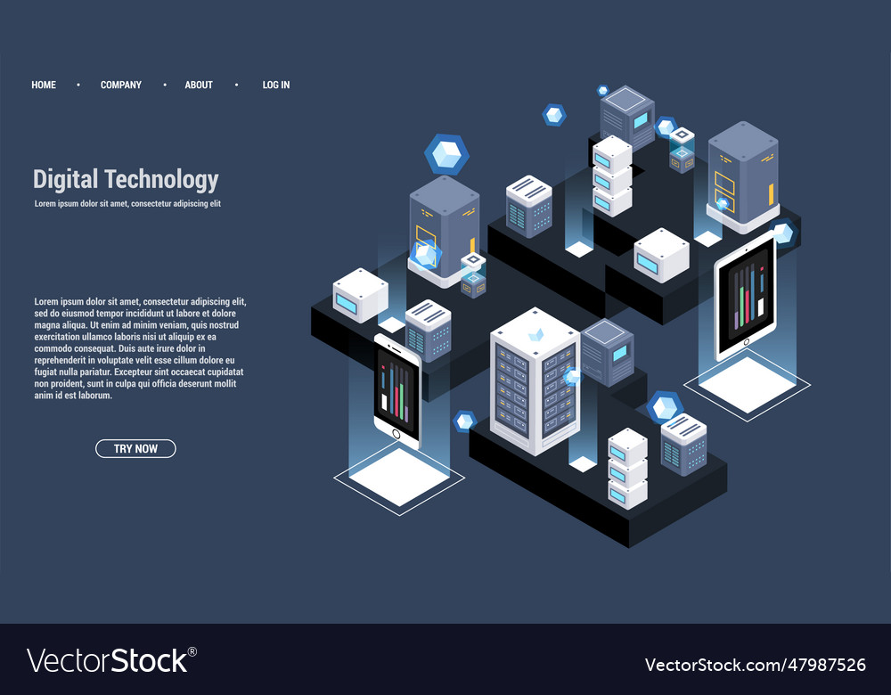 Isometric server room and big data processing vector image Isometric server room and big data processing