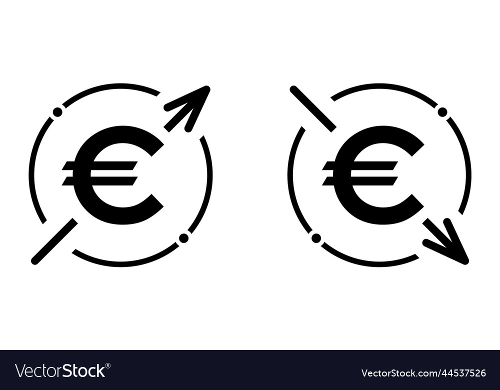 Set of cost symbol euro increase and decrease vector image Set of cost symbol euro increase and decrease