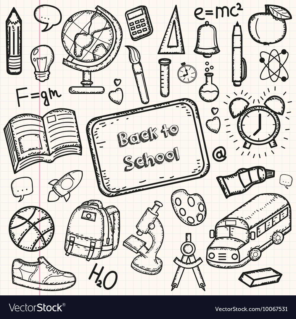 Back To School Doodle Set Hand Draw School Items Vector Image