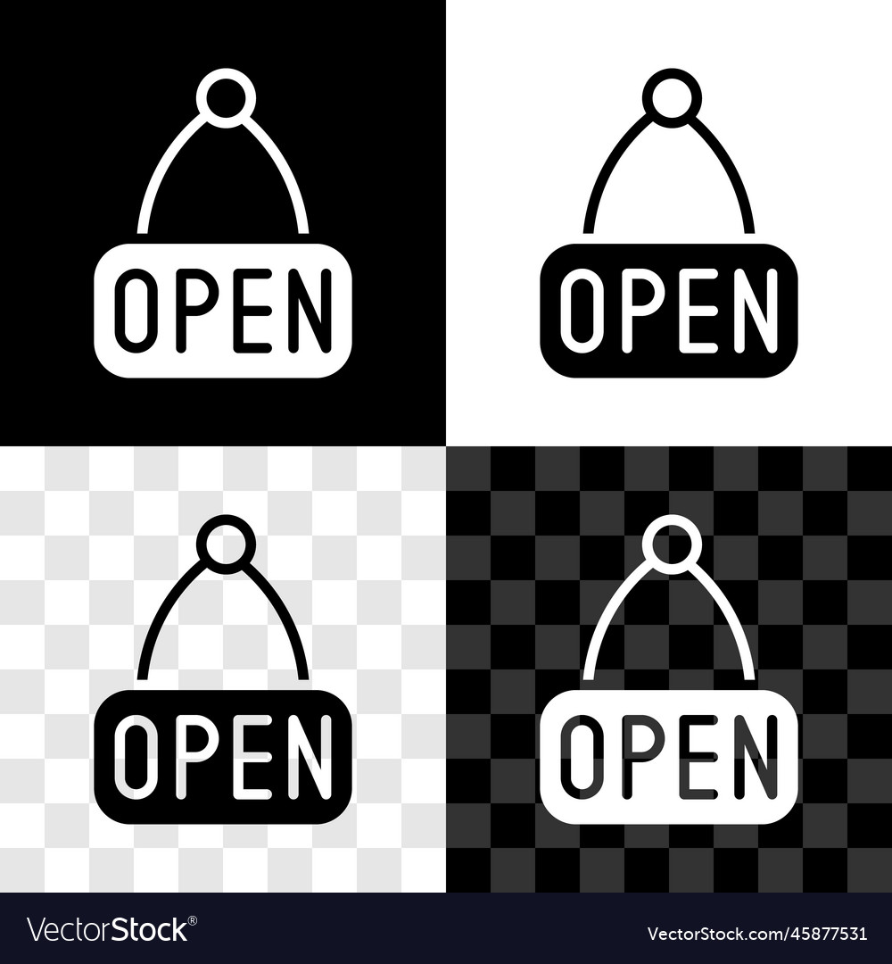 Set hanging sign with text open door icon isolated