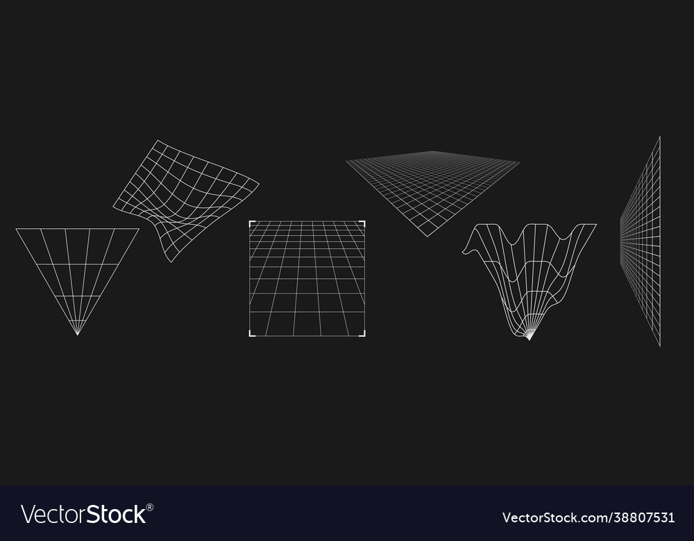 Set retrofuturistic perspective grids cyber