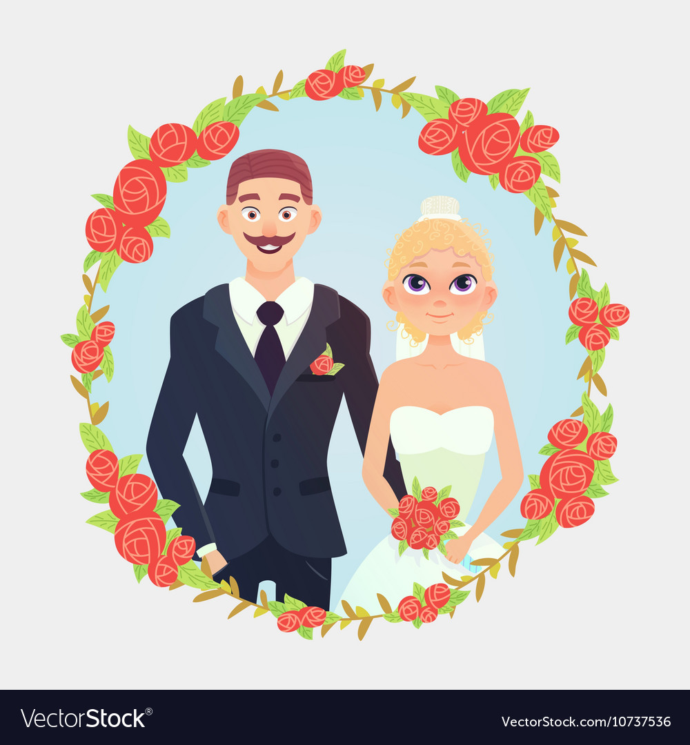 Floral frame cartoon wedding couple Royalty Free Vector