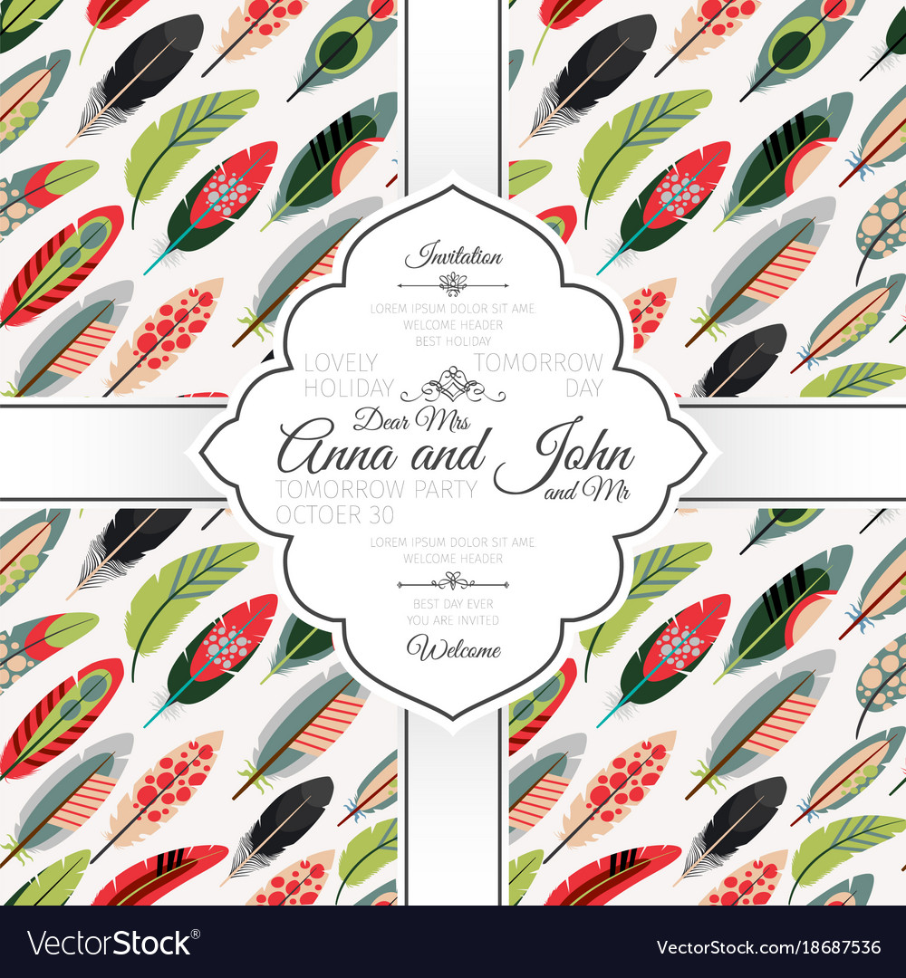 Invitation card with colorful feathers pattern