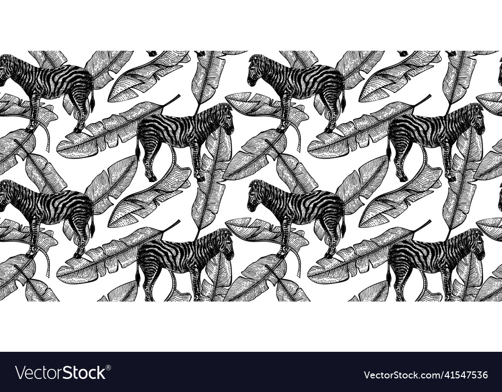 Savannah zebra and banana leaf seamless pattern