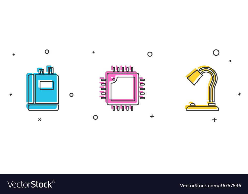 Set book processor with cpu and table lamp icon