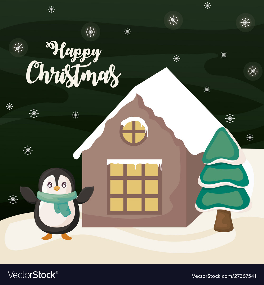 Happy christmas label with penguin and house