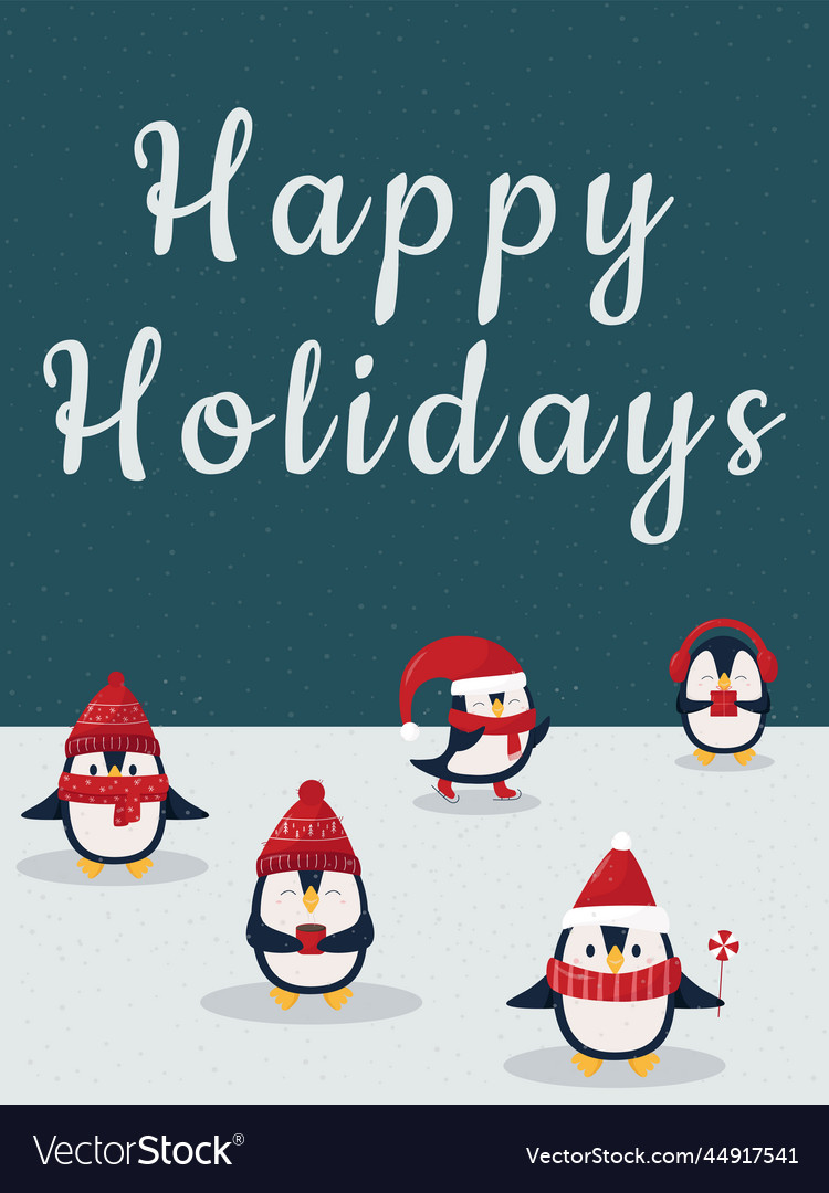 Happy holidays postcard five winter pinguins