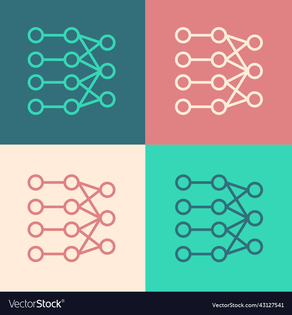 Pop art line neural network icon isolated on color