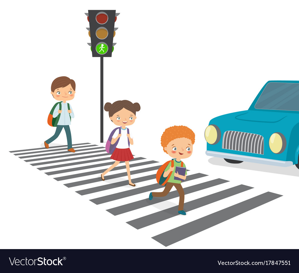 Premium Vector  School kids with backpack walking crossing road near  pedestrian traffic light on zebra cross