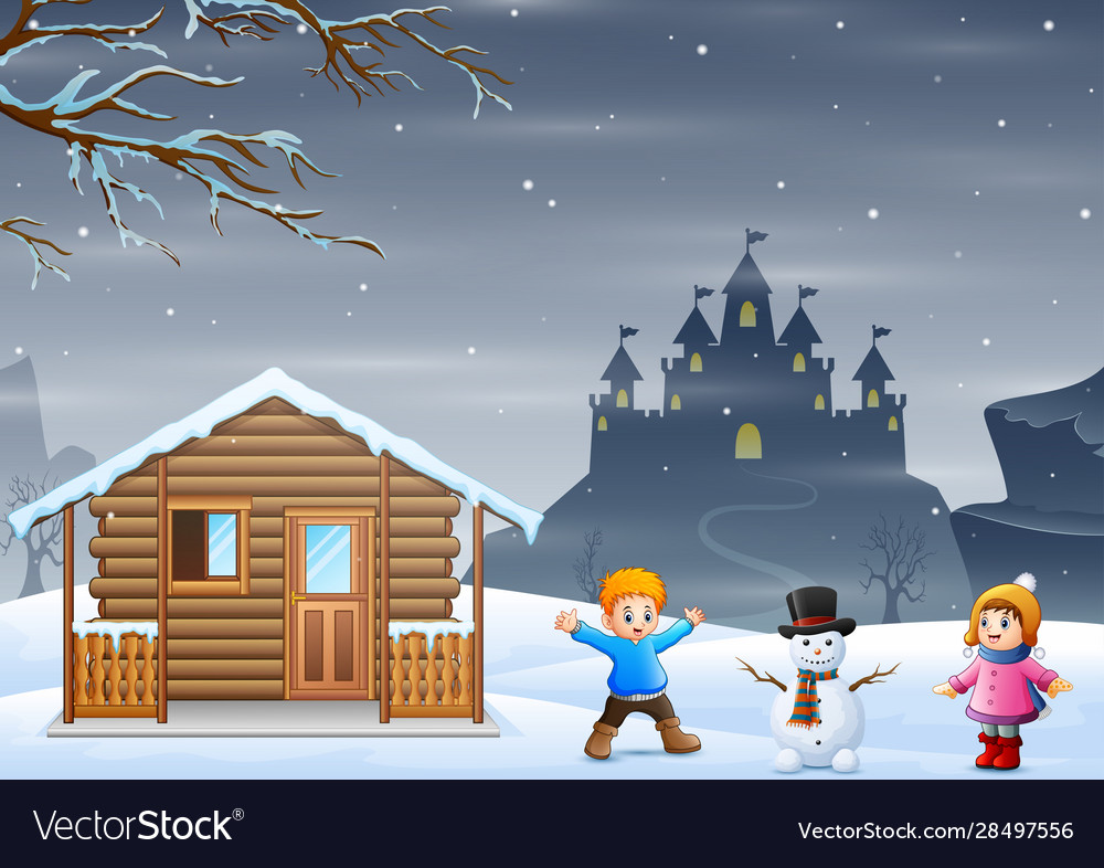 Children making snowman in snowy landscape
