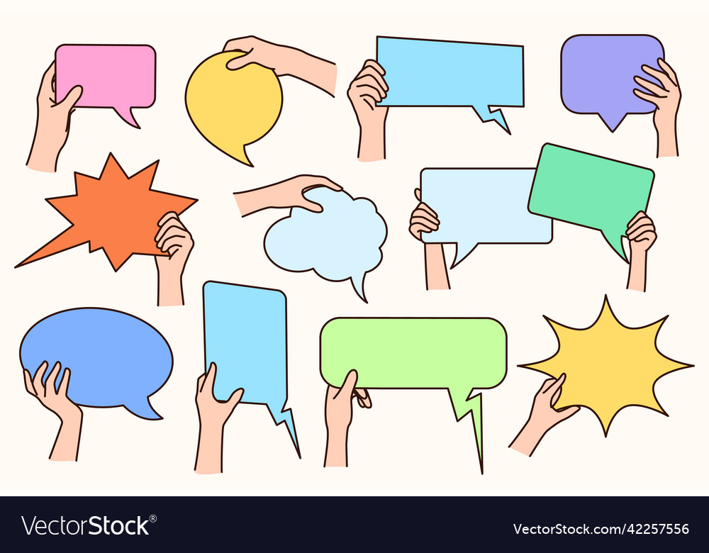 Collection of people hands holding speech bubbles