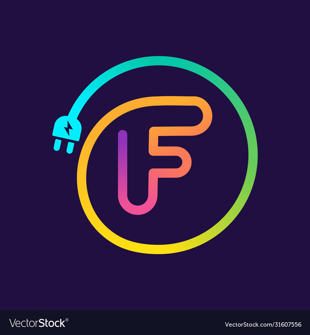 F letter logo in a circle with plug adapter cable Vector Image