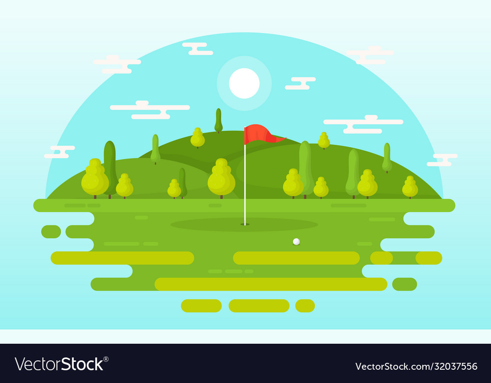 Golf field flag green grass tree outdoor sport vector image Golf field flag green grass tree outdoor sport