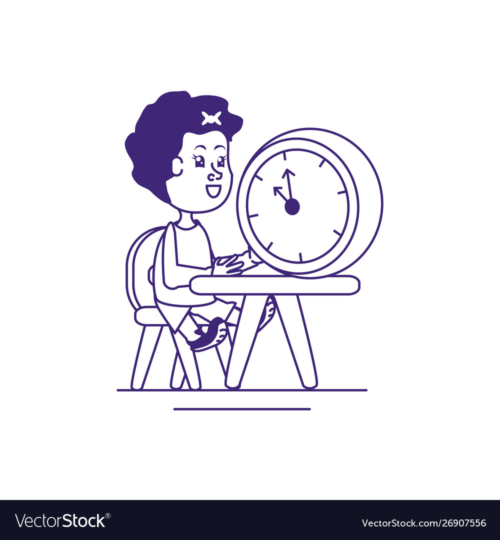 Little Student Girl In School Desk With Clock Vector Image