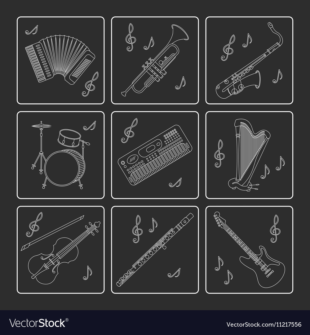 Music instruments thin line icon set for web