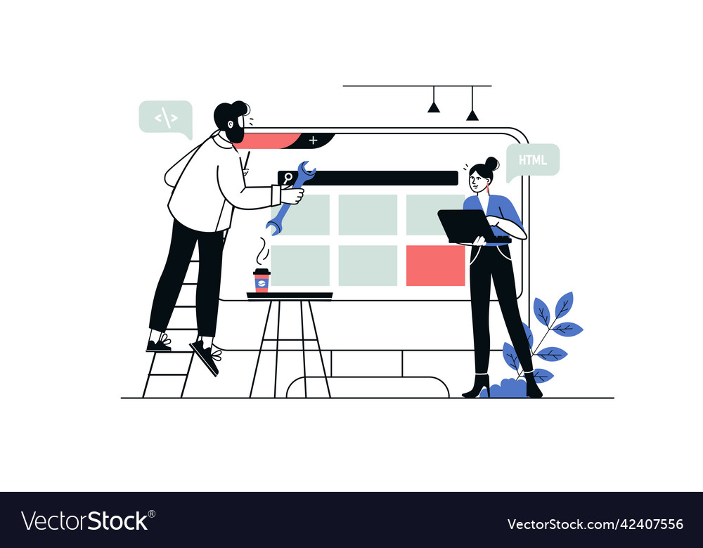 Web development concept in flat line design vector image Web development concept in flat line design