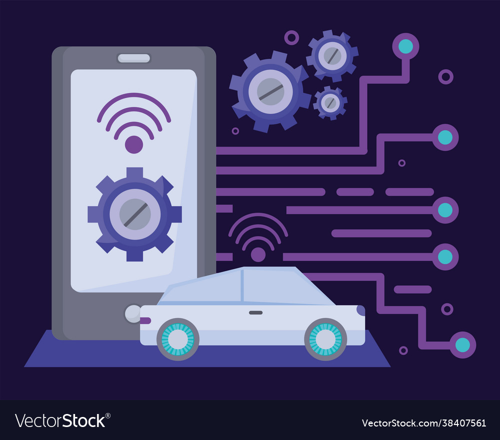 Car with wifi signal smartphone and gears Vector Image