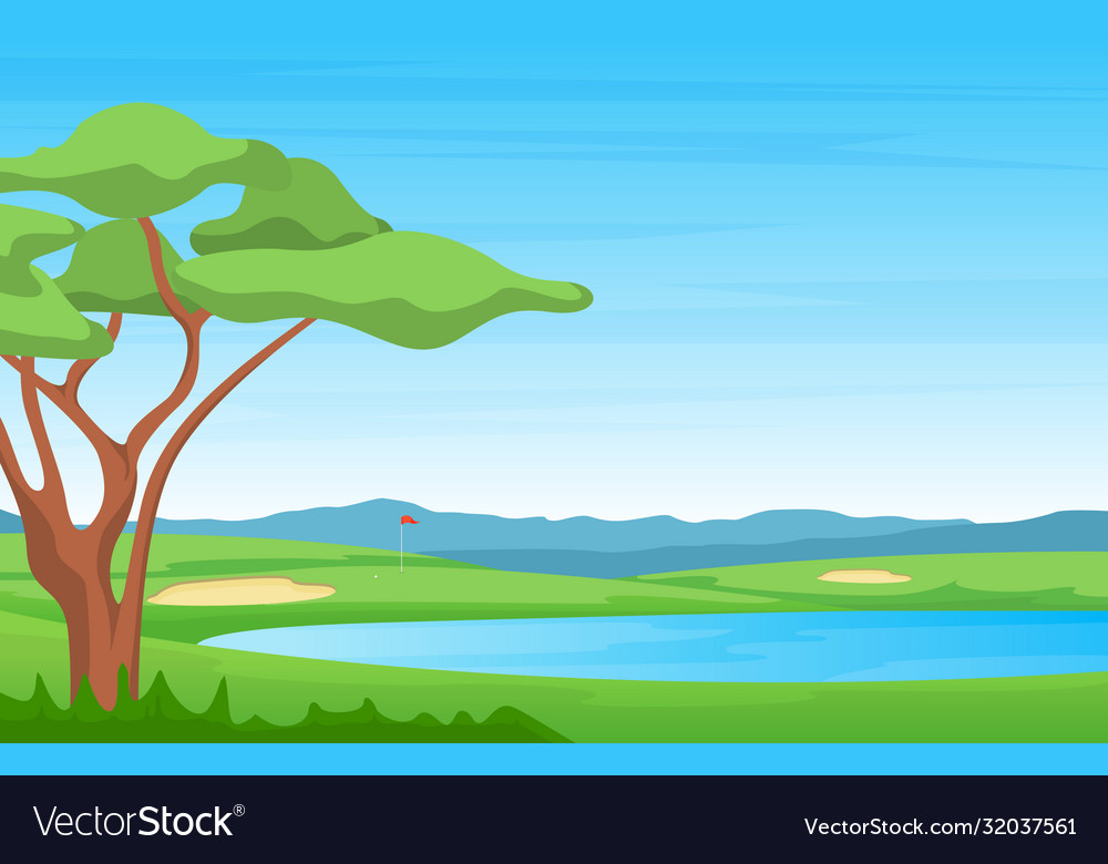 Golf field flag pond grass tree outdoor sport vector image Golf field flag pond grass tree outdoor sport