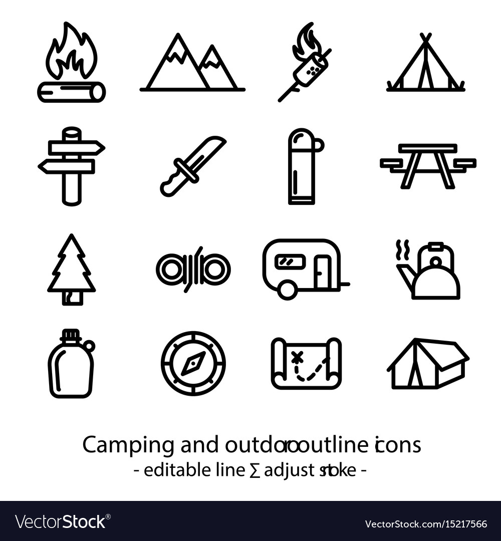 Camping and outdoor outline icons - editable line Vector Image