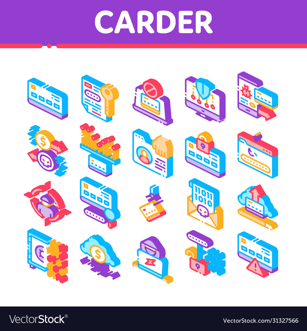Carder hacker isometric elements icons set vector image Carder hacker isometric elements icons set