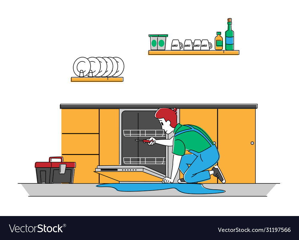Handyman character in uniform fixing broken vector image Handyman character in uniform fixing broken