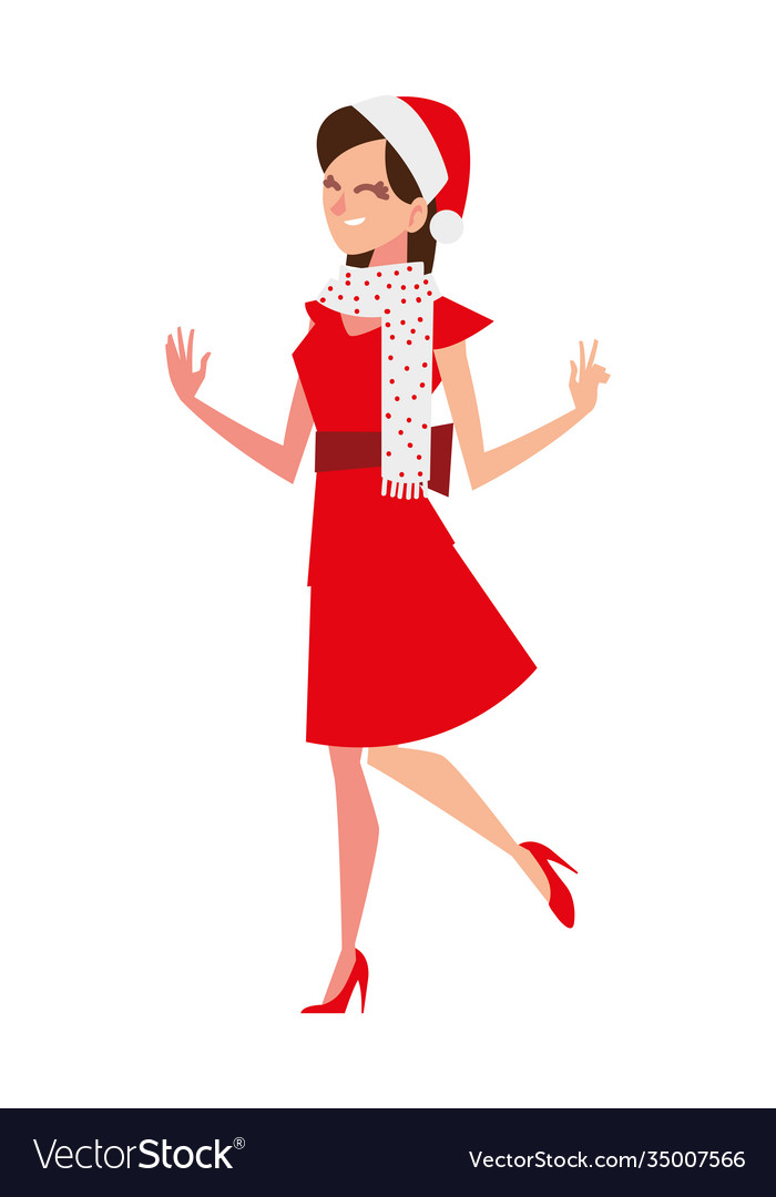 Merry christmas woman with hat in dress cartoon Vector Image