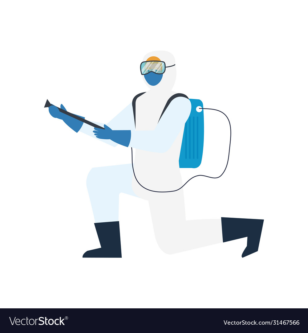 Person with protective suit for spraying viruses