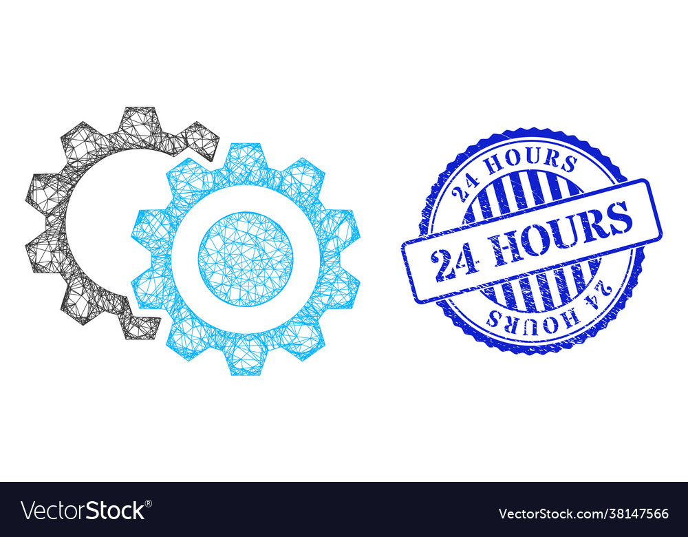 Scratched 24 hours stamp seal and net gears web vector image Scratched 24 hours stamp seal and net gears web