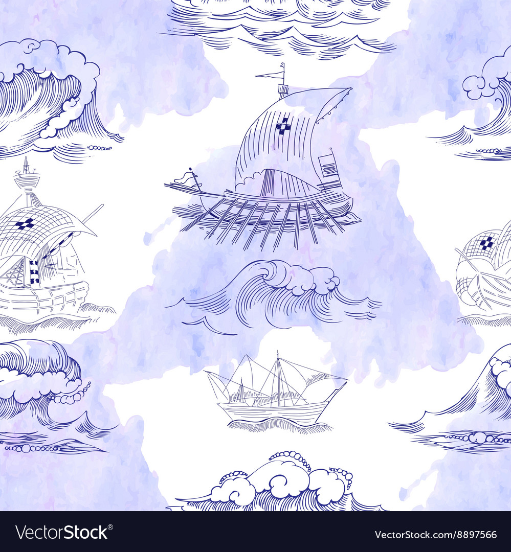 Seamless pattern with waves and ships