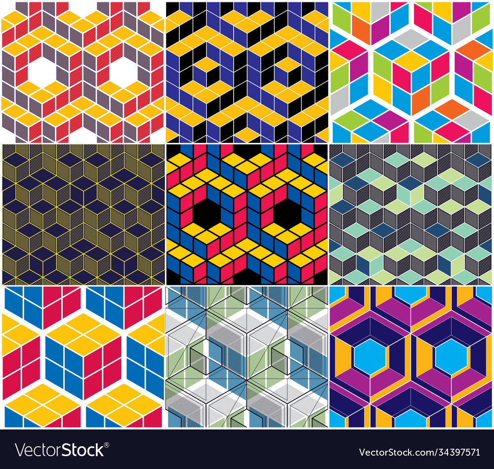 Geometric 3d lines abstract seamless patterns set Vector Image Geometric 3d lines abstract seamless patterns set