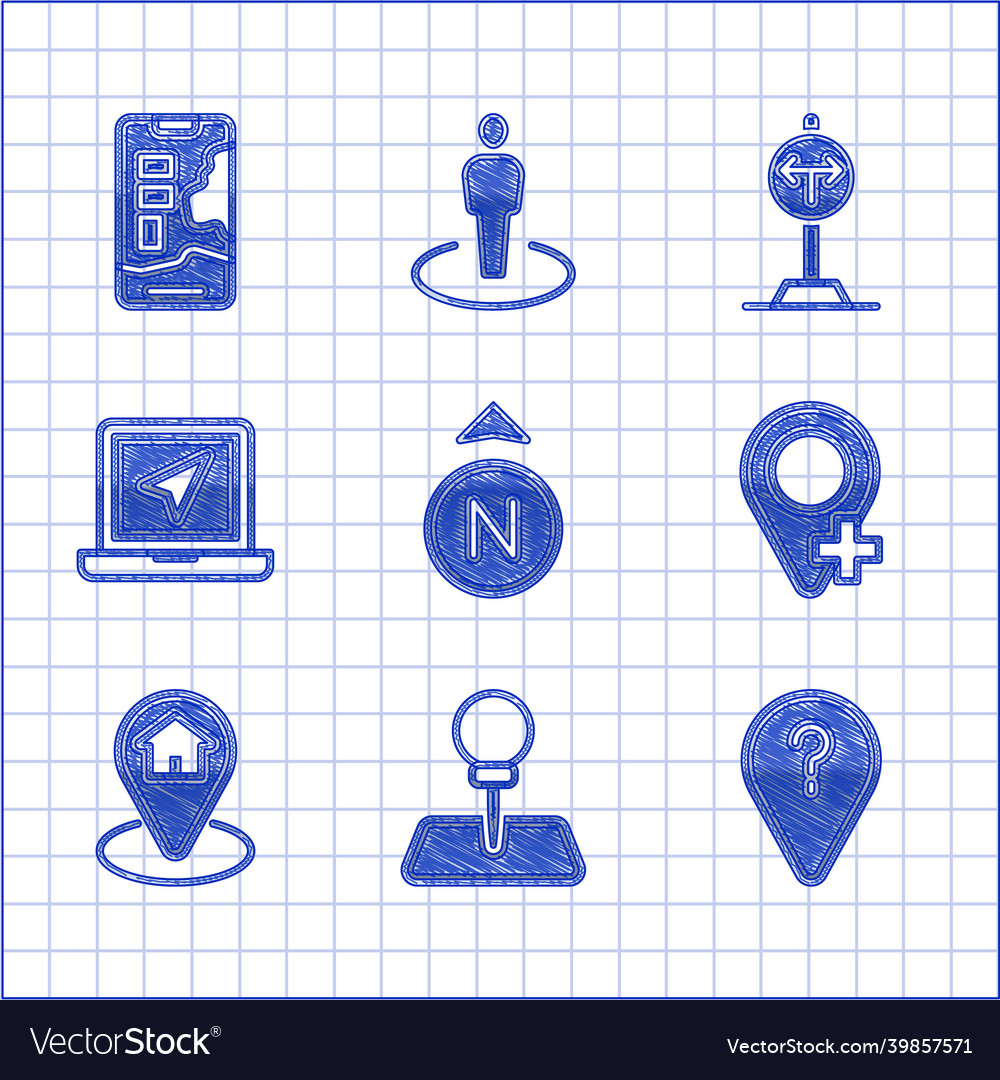 Set compass push pin unknown route point vector image Set compass push pin unknown route point