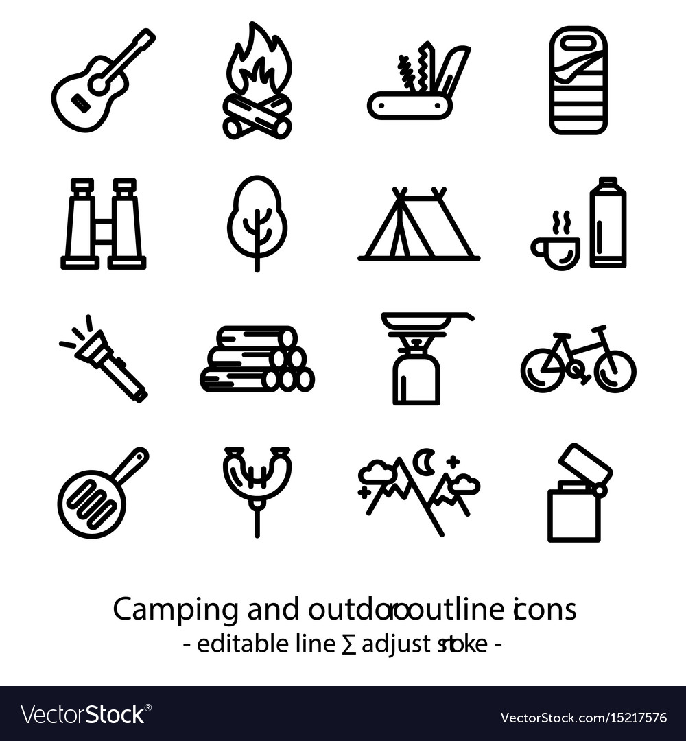 Camping and outdoor outline icons - editable line Vector Image