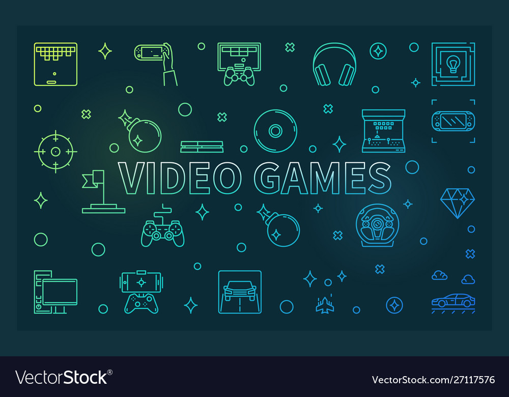 Video games colored linear banner Vector Image Video games colored linear banner