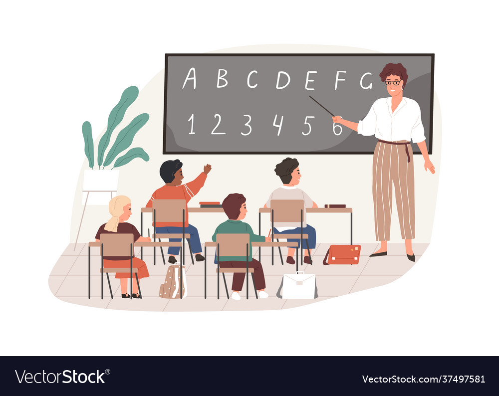 Teacher with Pointer on Chalkboard