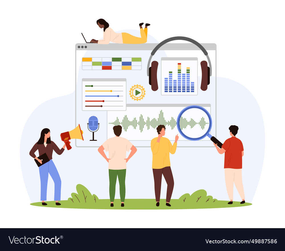 Audio editing software mobile app tiny people vector image Audio editing software mobile app tiny people