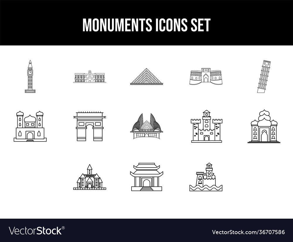 Black line art monuments icon set