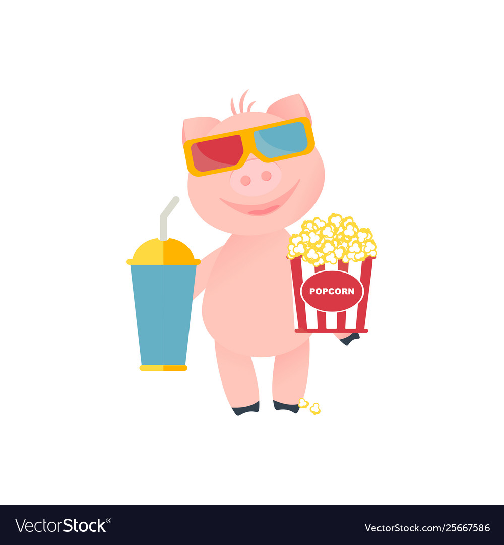 Cartoon funny pig piglet with drink and popcorn