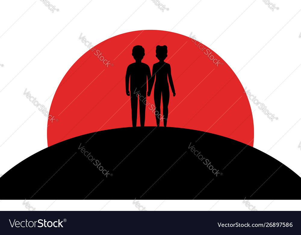 Loving couple hold hands people stand on a hill vector image Loving couple hold hands people stand on a hill