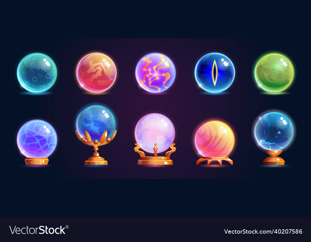 Magic crystal balls on stands isolated icons set Vector Image